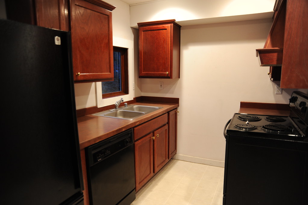 Kitchen in dark woods, and black fridge and electric stove, and black dishwasher, 3 floor, rental apartment, Greenlake / Phinney Ridge, Seattle, Washington, USA